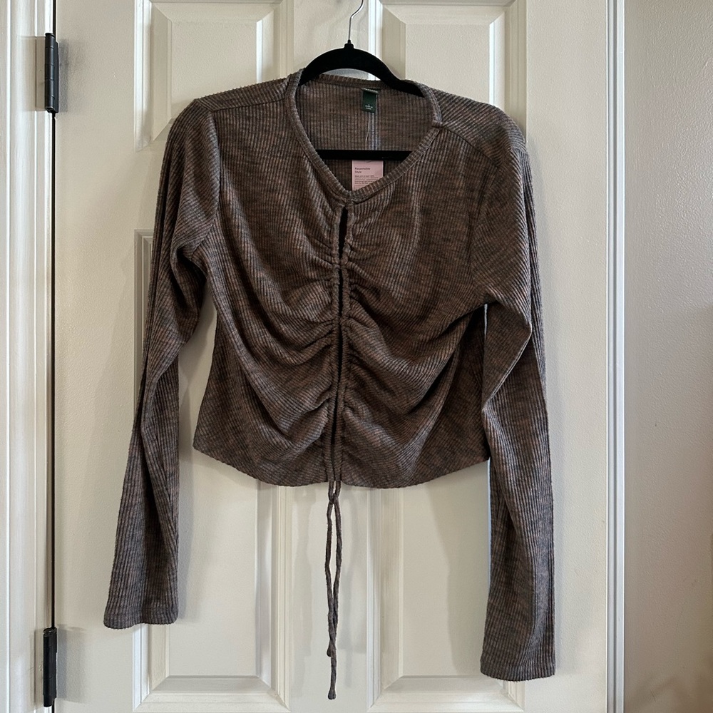 Wild Fable Womens Brown Long Sleeve Crop Top Cutout Top Cinch Tie - Picture 3 of 9